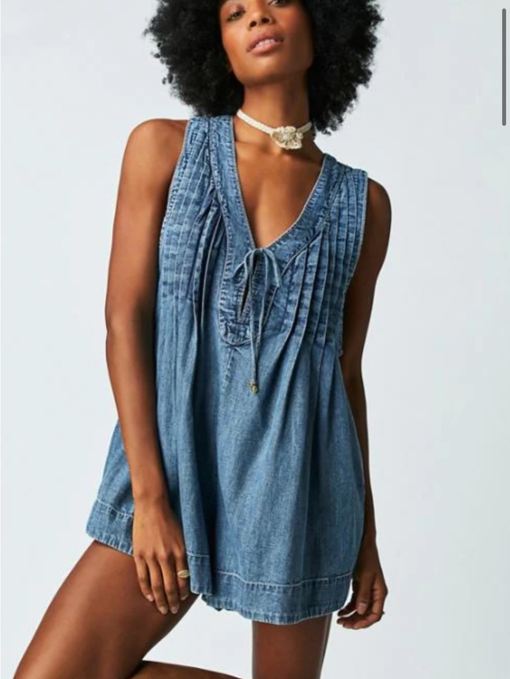 Free People Webster Sleeveless Denim Romper with Tie